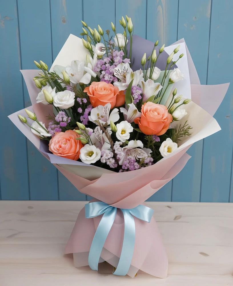 Букет цветов из: Лизиантусы, Розы, Альстромерии и Гипсофила в Жерновце